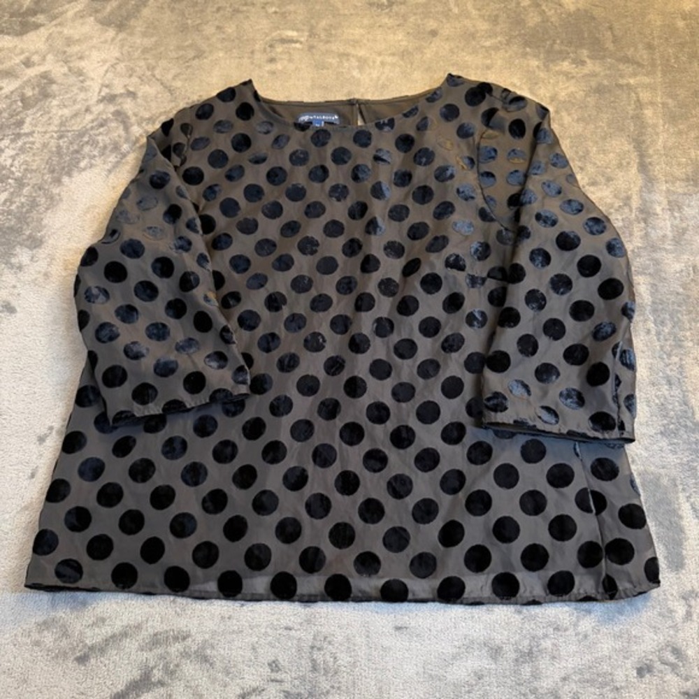 Talbots RSVP Blouse Womens Large Petite Black Velvet Polka Dot 3/4 Sleeve